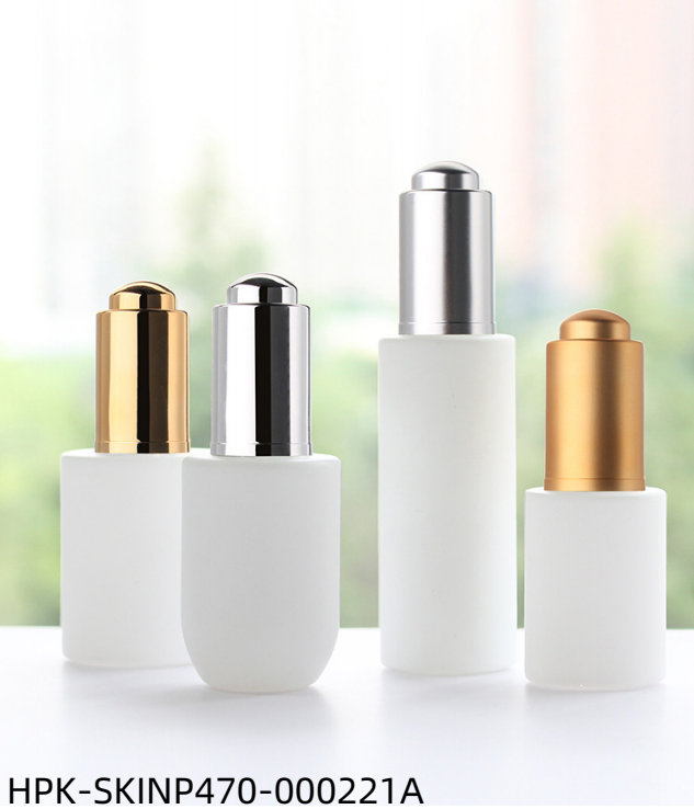 White Glass Bottle with Metalized Push-button Pipette Cap